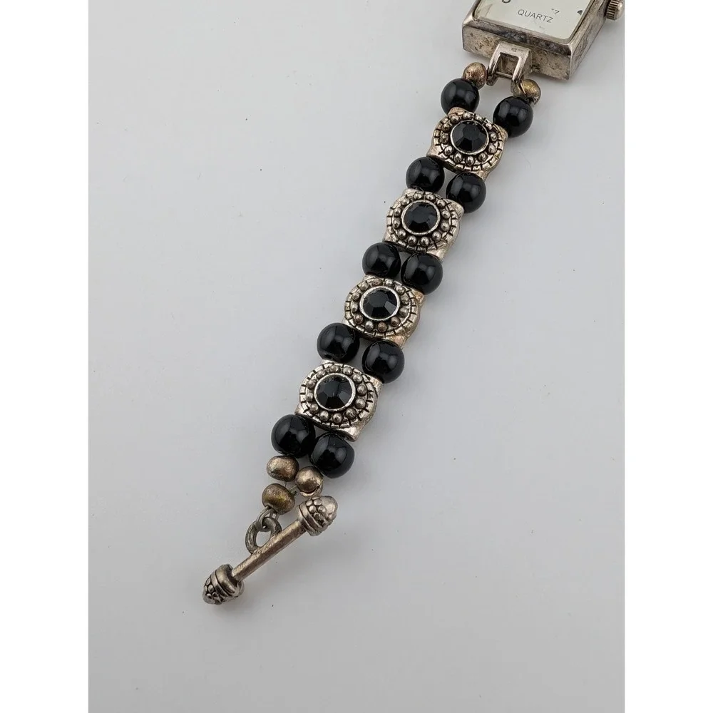 Geneva Watch Women 19mm Case Silver & Black Beaded Band Toggle Clasp New Battery